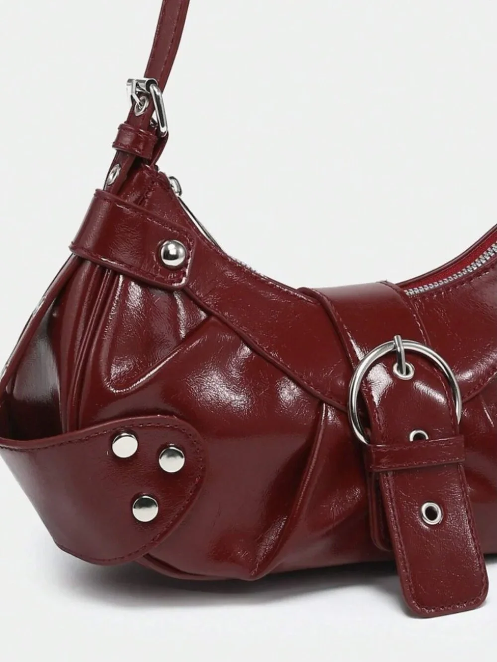 Burgundy Studded Baguette Bag Y2K Punk Vegan Leather Zip Shoulder